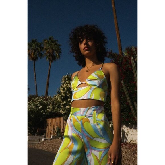NWT Zara Satin Lime Multi Retro Psychadelic Crop Top size S - Picture 2 of 12